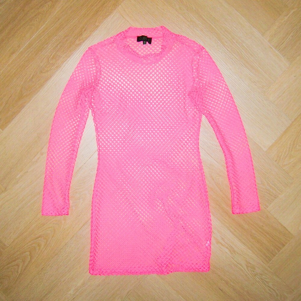 Club Exx Mock Neck Fishnet Dress (Neon Pink)